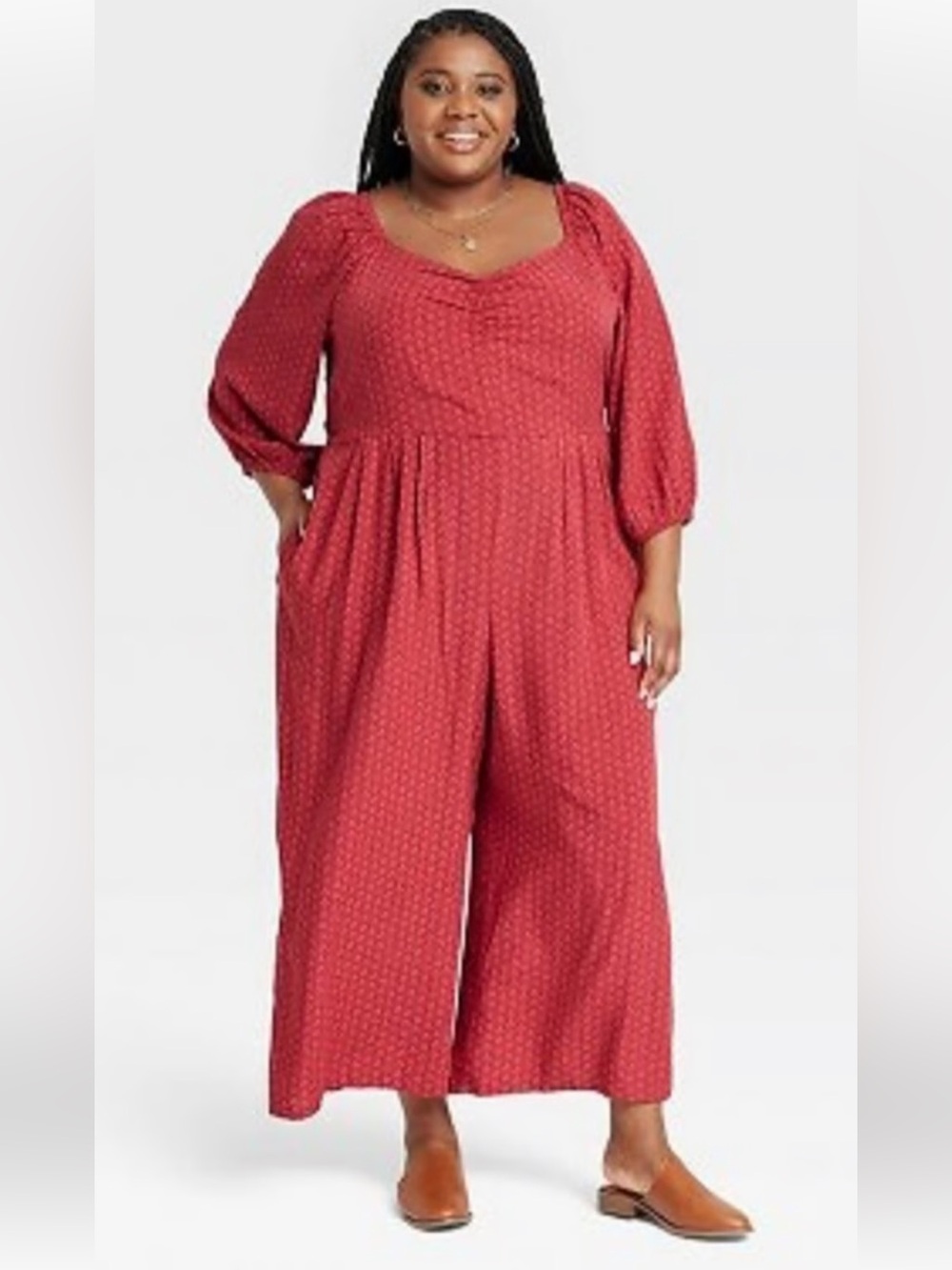 Knox Rose Rust-Red Wide Leg Smocked Jumpsuit Boho Cottagecore Size L - Picture 1 of 9